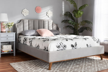 Baxton Studio - Adelie King Size Bed - BBT6928-Light Grey Velvet/Walnut-King view 5