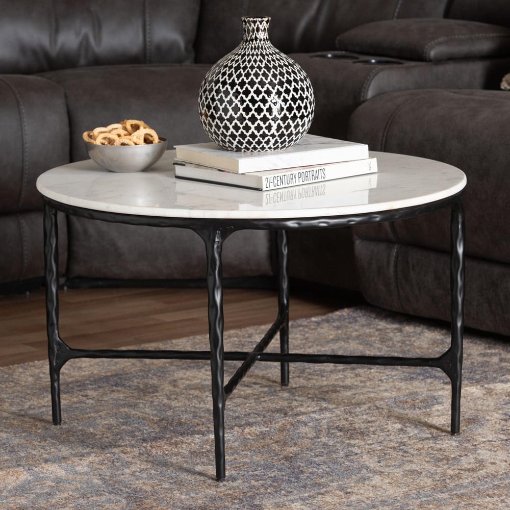 Baxton Studio - Akanji Coffee Table in Marble White/Black - FUR6879-Marble Top Hammer Round-CT view 6