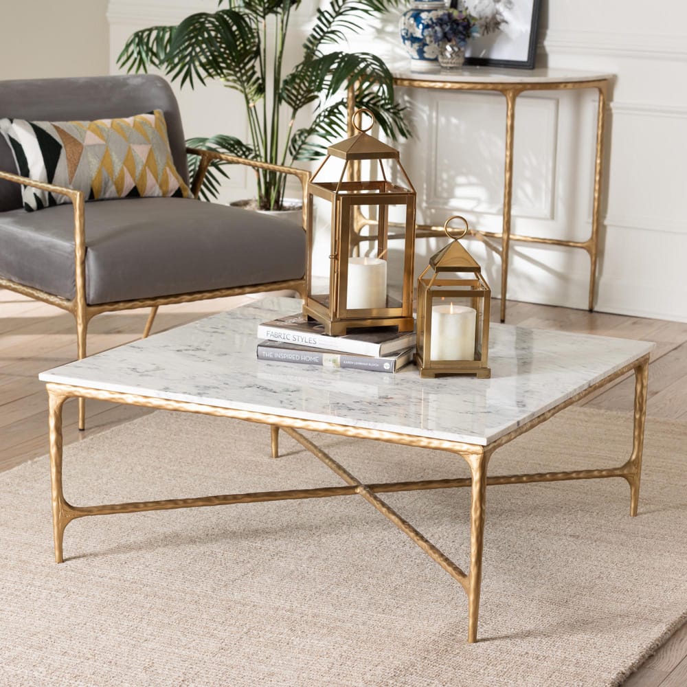 Baxton Studio - Akanji Coffee Table in Marble White/Gold - FUR6885-Natural Marble Top Square-CT view 5