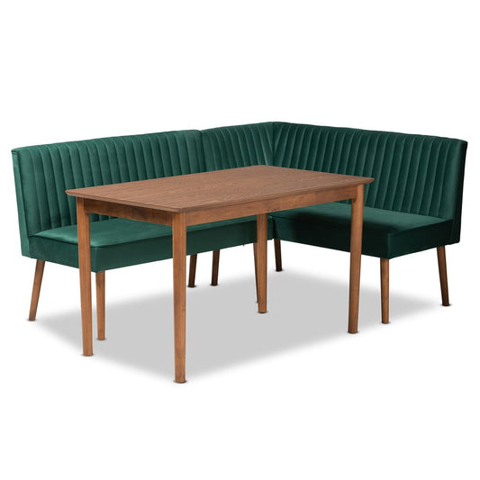 Baxton Studio - Alvis Dining Set in Emerald Green/Walnut Brown - BBT8063-Emerald Velvet/Walnut-3PC Dining Nook Set view 1