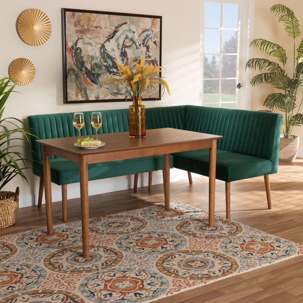 Baxton Studio - Alvis Dining Set in Emerald Green/Walnut Brown - BBT8063-Emerald Velvet/Walnut-3PC Dining Nook Set view 9