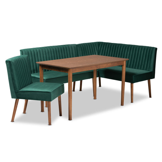 Baxton Studio - Alvis Dining Set in Emerald Green/Walnut Brown - BBT8063-Emerald Velvet/Walnut-4PC Dining Nook Set view 1