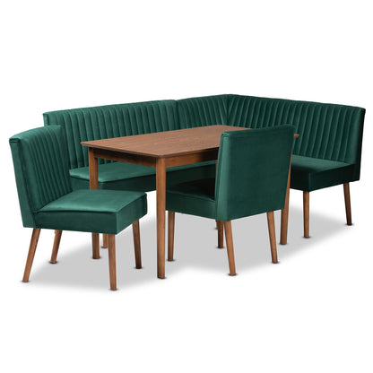 Baxton Studio - Alvis Dining Set in Emerald Green/Walnut Brown - BBT8063-Emerald Velvet/Walnut-5PC Dining Nook Set view 1