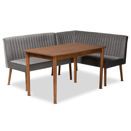 Baxton Studio - Alvis Dining Set in Grey/Walnut Brown - BBT8063-Grey Velvet/Walnut-3PC Dining Nook Set view 1