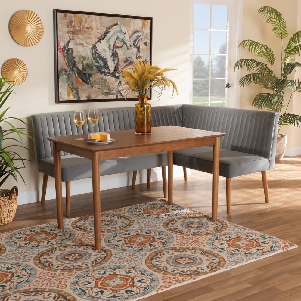 Baxton Studio - Alvis Dining Set in Grey/Walnut Brown - BBT8063-Grey Velvet/Walnut-3PC Dining Nook Set view 9