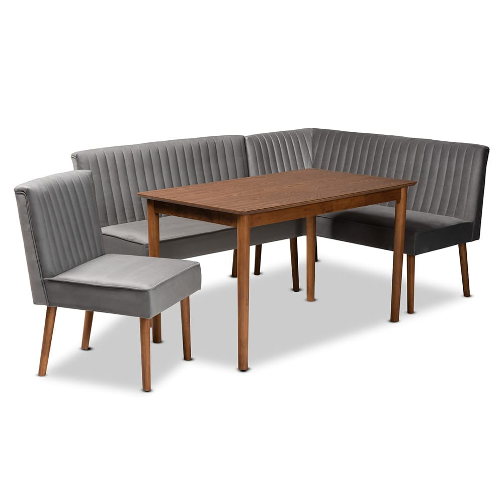 Baxton Studio - Alvis Dining Set in Grey/Walnut Brown - BBT8063-Grey Velvet/Walnut-4PC Dining Nook Set view 1