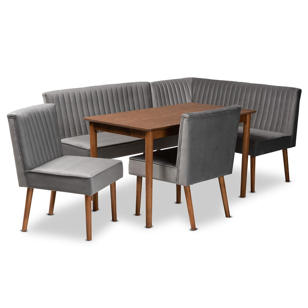 Baxton Studio - Alvis Dining Set in Grey/Walnut Brown - BBT8063-Grey Velvet/Walnut-5PC Dining Nook Set view 1