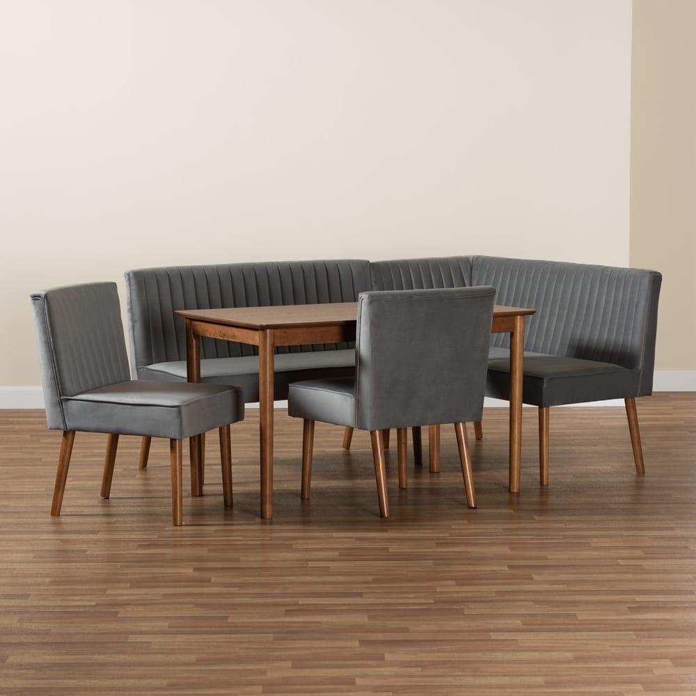 Baxton Studio - Alvis Dining Set in Grey/Walnut Brown - BBT8063-Grey Velvet/Walnut-5PC Dining Nook Set view 11
