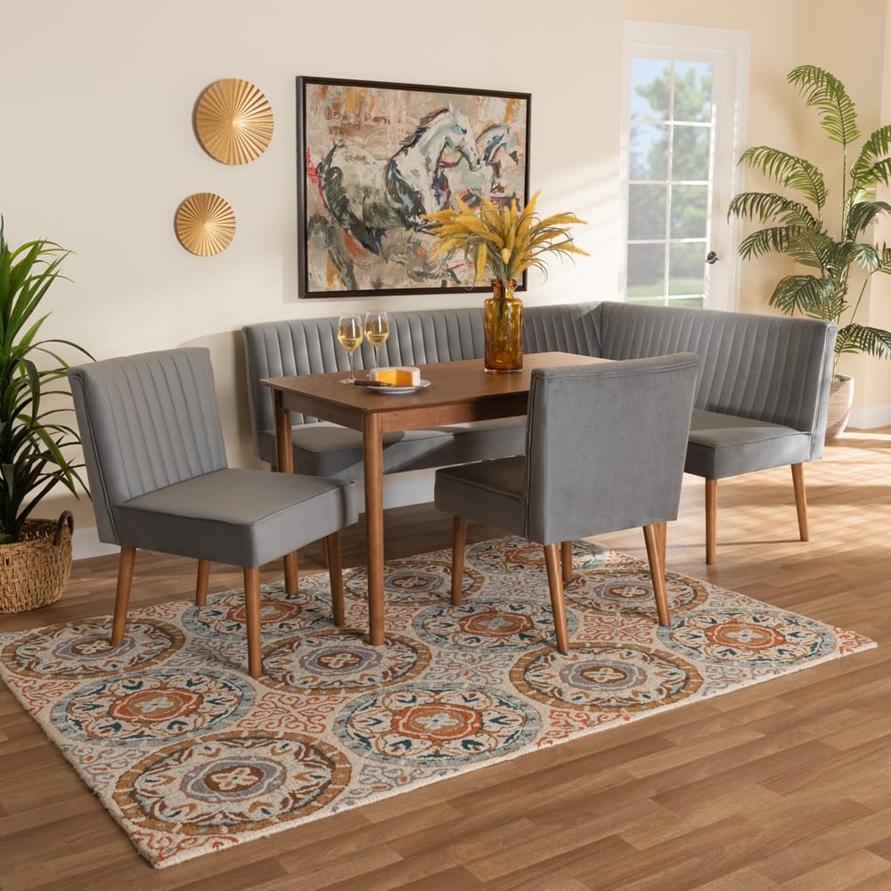 Baxton Studio - Alvis Dining Set in Grey/Walnut Brown - BBT8063-Grey Velvet/Walnut-5PC Dining Nook Set view 12