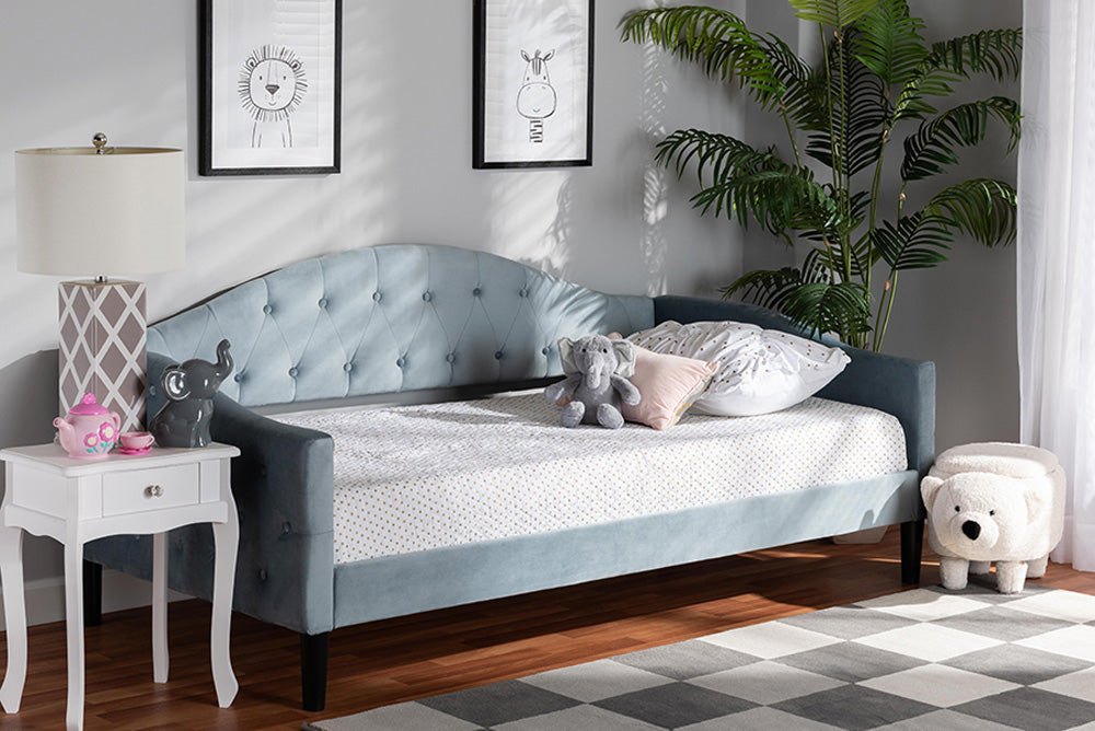 Baxton Studio - Benjamin Full Size Daybed - Benjamin-Light Blue Velvet-Daybed-Full view 5