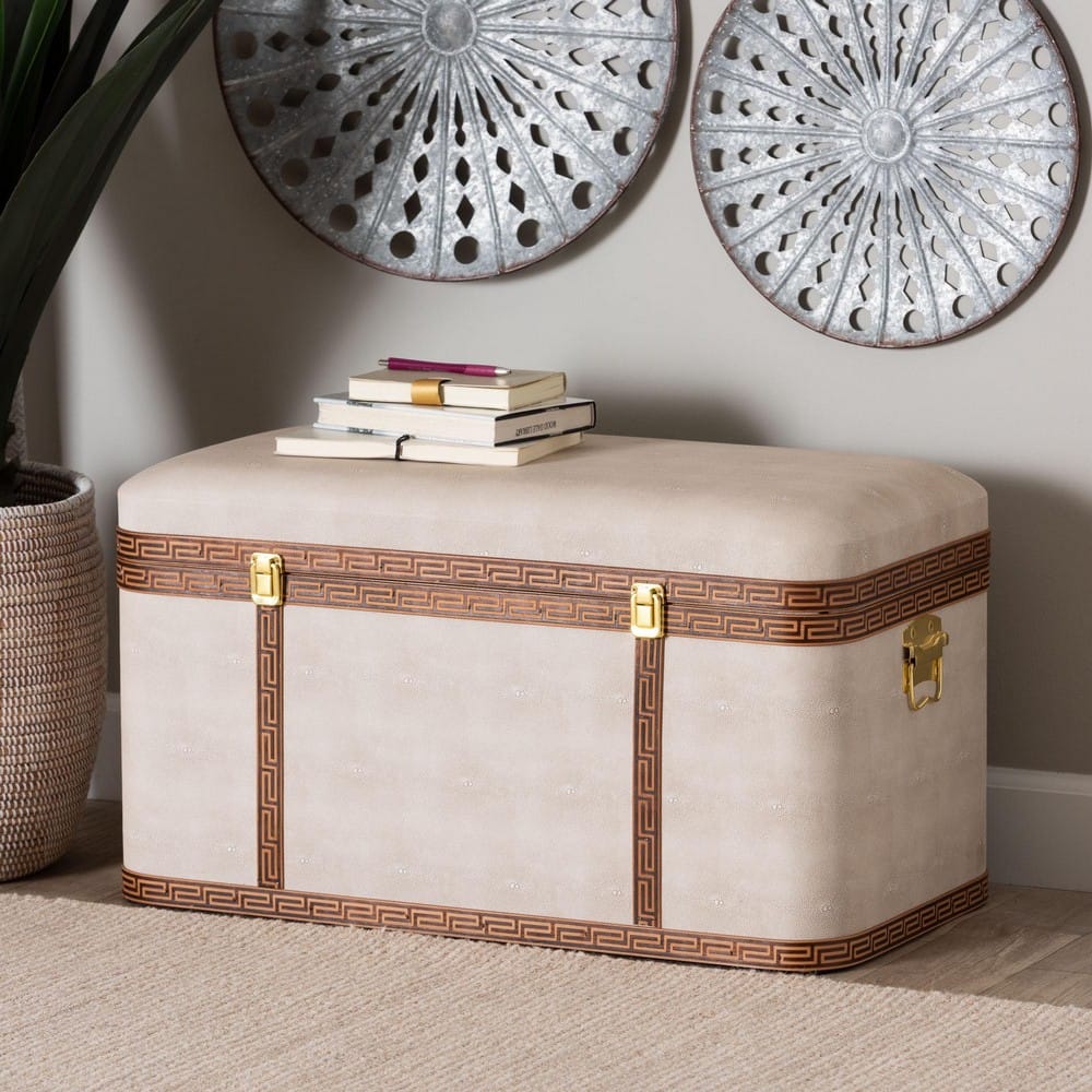 Baxton Studio - Brenner Storage Trunk in Beige/Brown/Gold - JY24A092-Large-Beige/Shagreen-Storage Ottoman view 9