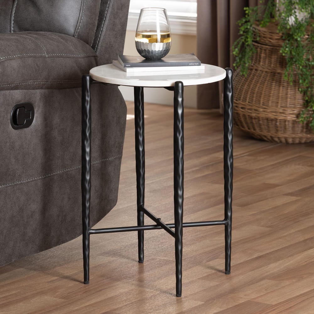 Baxton Studio - Caledon End Table in Marble White/Black - FUR6881-Marble Top Hammer Round-ET view 6