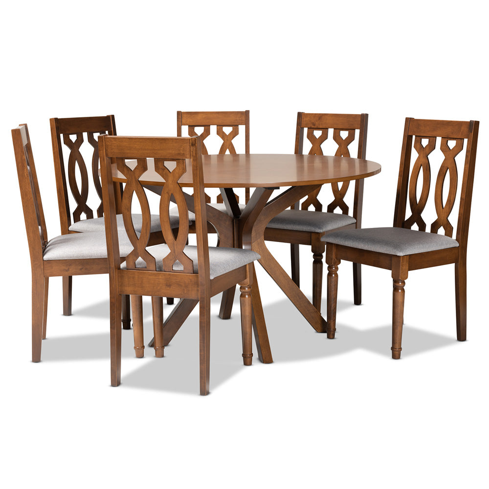 Baxton Studio - Callie Dining Set in Grey/Walnut Brown  - Callie-Grey/Walnut-7PC Dining Set view 1