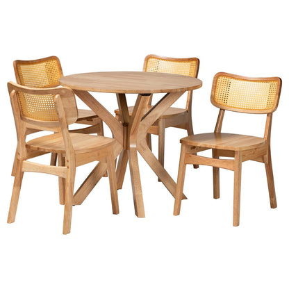 Baxton Studio - Camilo Dining Set in Oak Brown/Light Brown - RH257C-Natural Rattan-Round-5PC Dining Set view 1