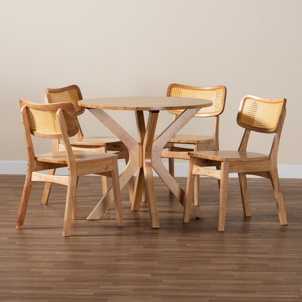 Baxton Studio - Camilo Dining Set in Oak Brown/Light Brown - RH257C-Natural Rattan-Round-5PC Dining Set view 9