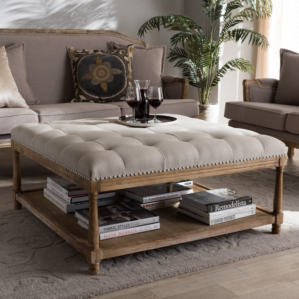 Baxton Studio - Carlotta Ottoman in Beige/Weathered Oak - TSF-9329-Beige-Otto view 5