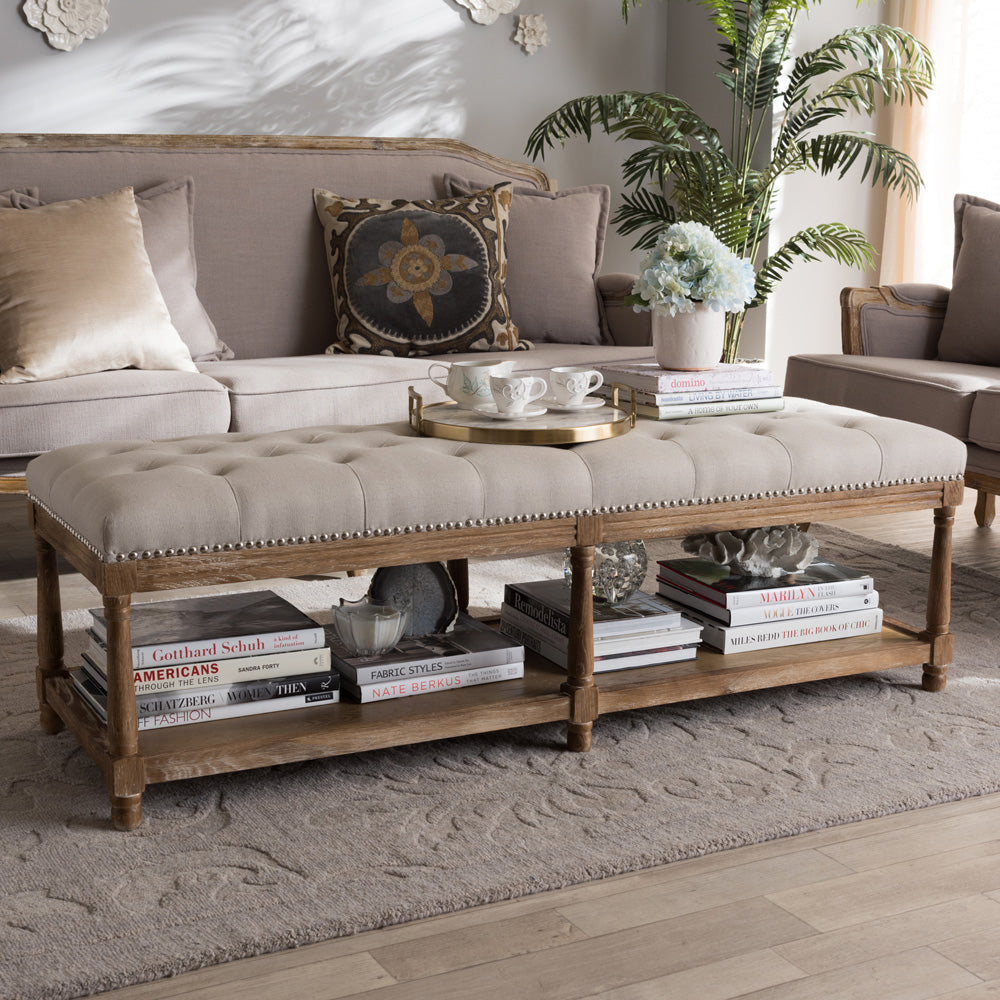Baxton Studio - Celeste Bench in Beige/Weathered Oak - TSF-9336-Beige-Bench view 6