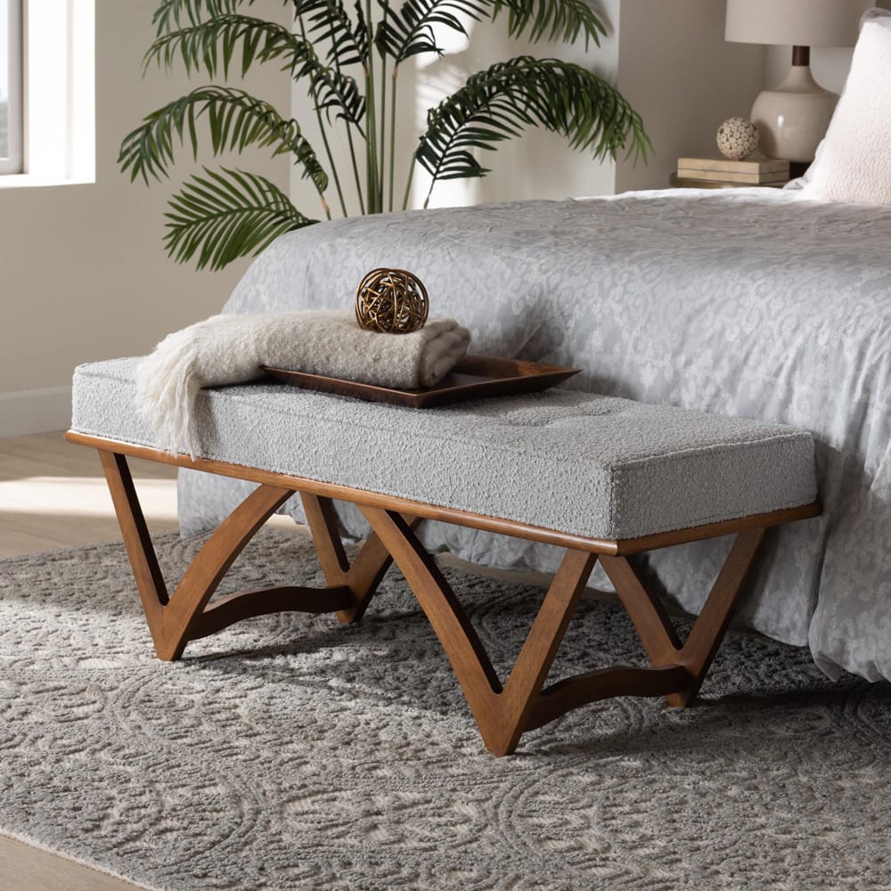 Baxton Studio - Chenoa Bench in Light Grey/Walnut Brown - BBT5472-Maya-Sky Grey/Walnut-Bench view 6