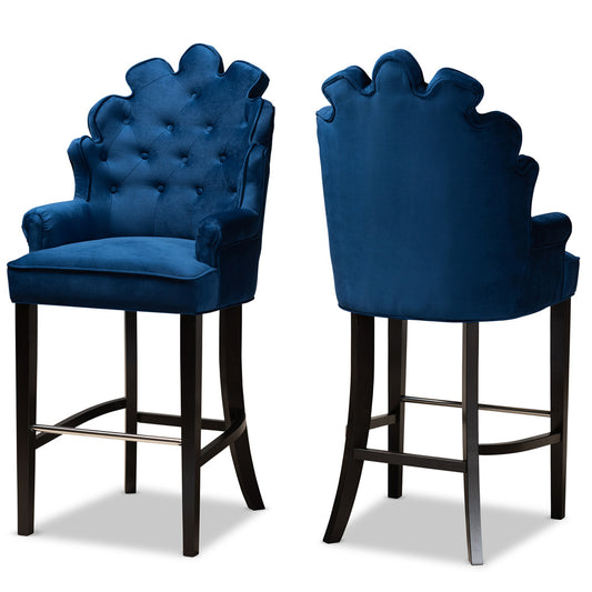 Baxton Studio - Chloe Set of 2 Bar Stools in Navy Blue/Dark Brown - BBT5408B-Navy Blue Velvet/Wenge-BS view 1