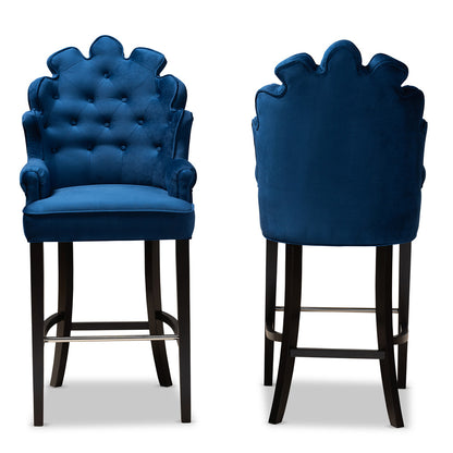 Baxton Studio - Chloe Set of 2 Bar Stools in Navy Blue/Dark Brown - BBT5408B-Navy Blue Velvet/Wenge-BS view 2