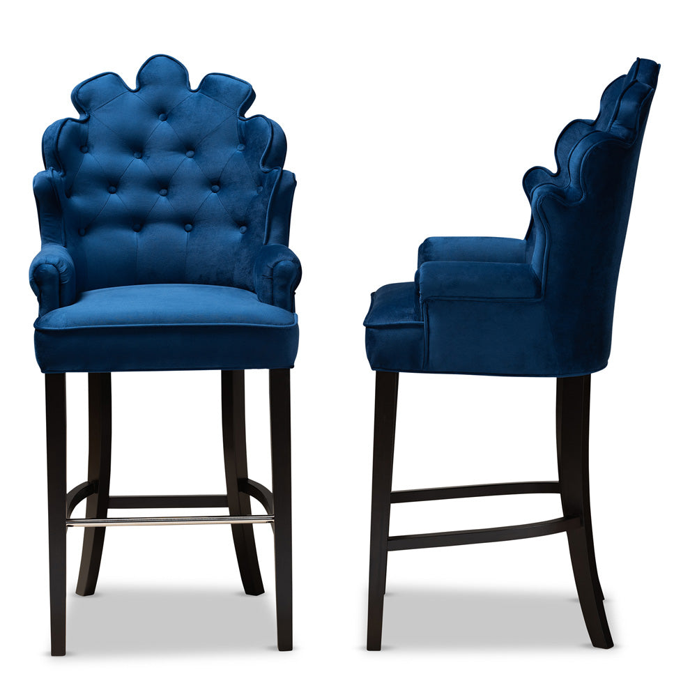 Baxton Studio - Chloe Set of 2 Bar Stools in Navy Blue/Dark Brown - BBT5408B-Navy Blue Velvet/Wenge-BS view 3