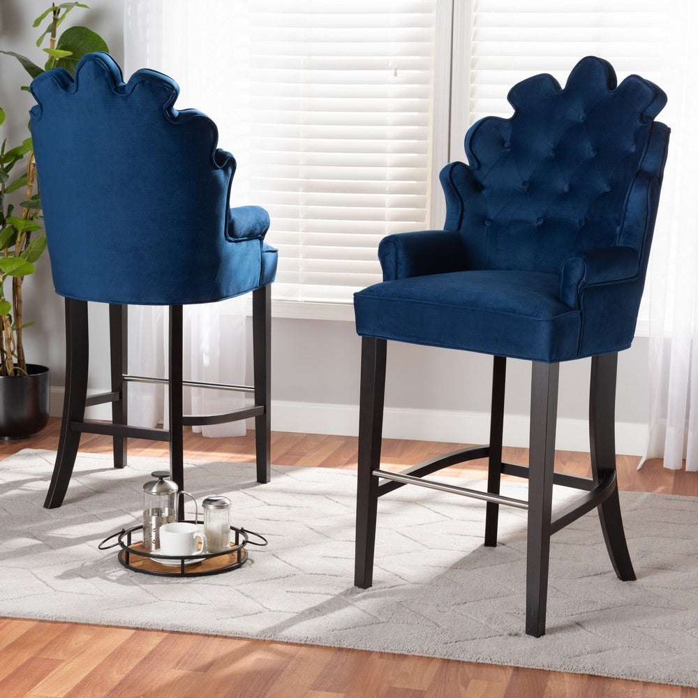 Baxton Studio - Chloe Set of 2 Bar Stools in Navy Blue/Dark Brown - BBT5408B-Navy Blue Velvet/Wenge-BS view 6