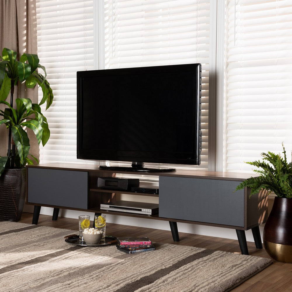 Baxton Studio - Clapton TV Stand in Grey/Walnut Brown/Black - TV8010-Walnut/Grey-TV view 7