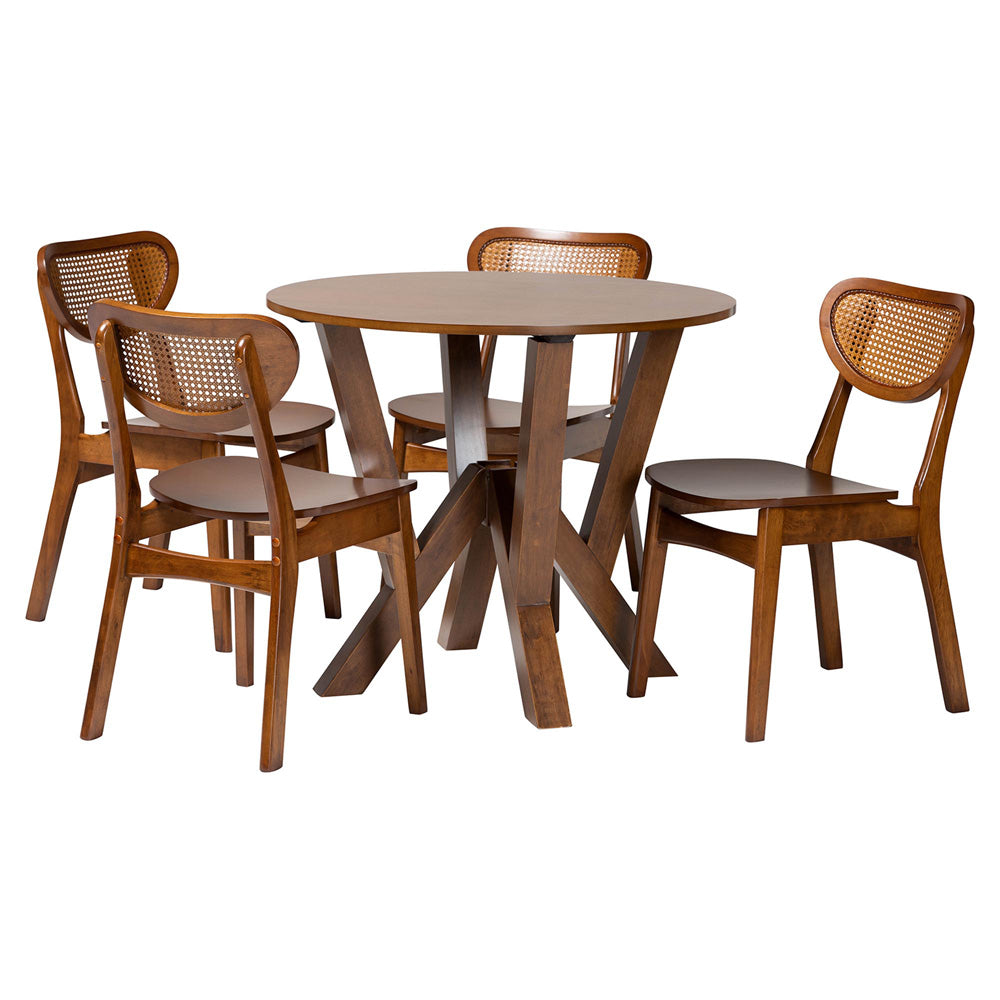 Baxton Studio - Crystal Dining Set in Brown/Walnut Brown - Crystal-Walnut Rattan-Round-5PC Dining Set view 1