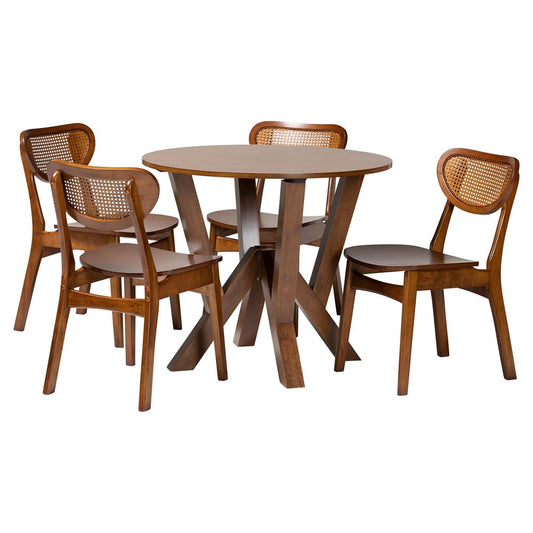 Baxton Studio - Crystal Dining Set in Brown/Walnut Brown - Crystal-Walnut Rattan-Round-5PC Dining Set view 1