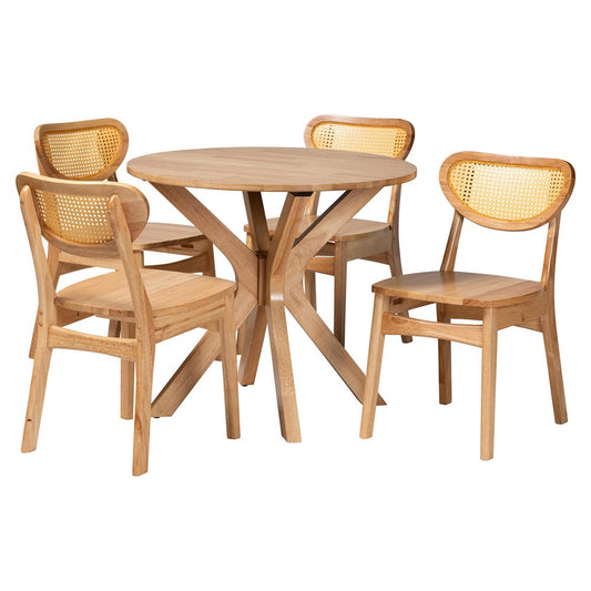 Baxton Studio - Donato Dining Set in Oak Brown/Light Brown - RH256C-Natural Rattan-Round-5PC Dining Set view 1