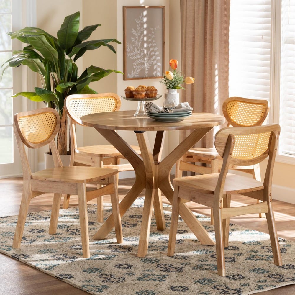Baxton Studio - Donato Dining Set in Oak Brown/Light Brown - RH256C-Natural Rattan-Round-5PC Dining Set view 8