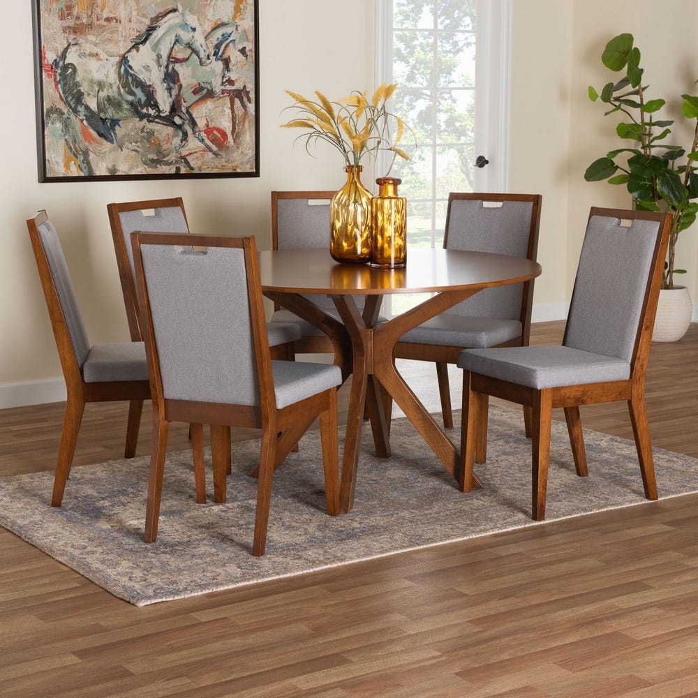 Baxton Studio - Eira Dining Set in Grey/Walnut Brown - Eira-Grey/Walnut-7PC Dining Set view 8
