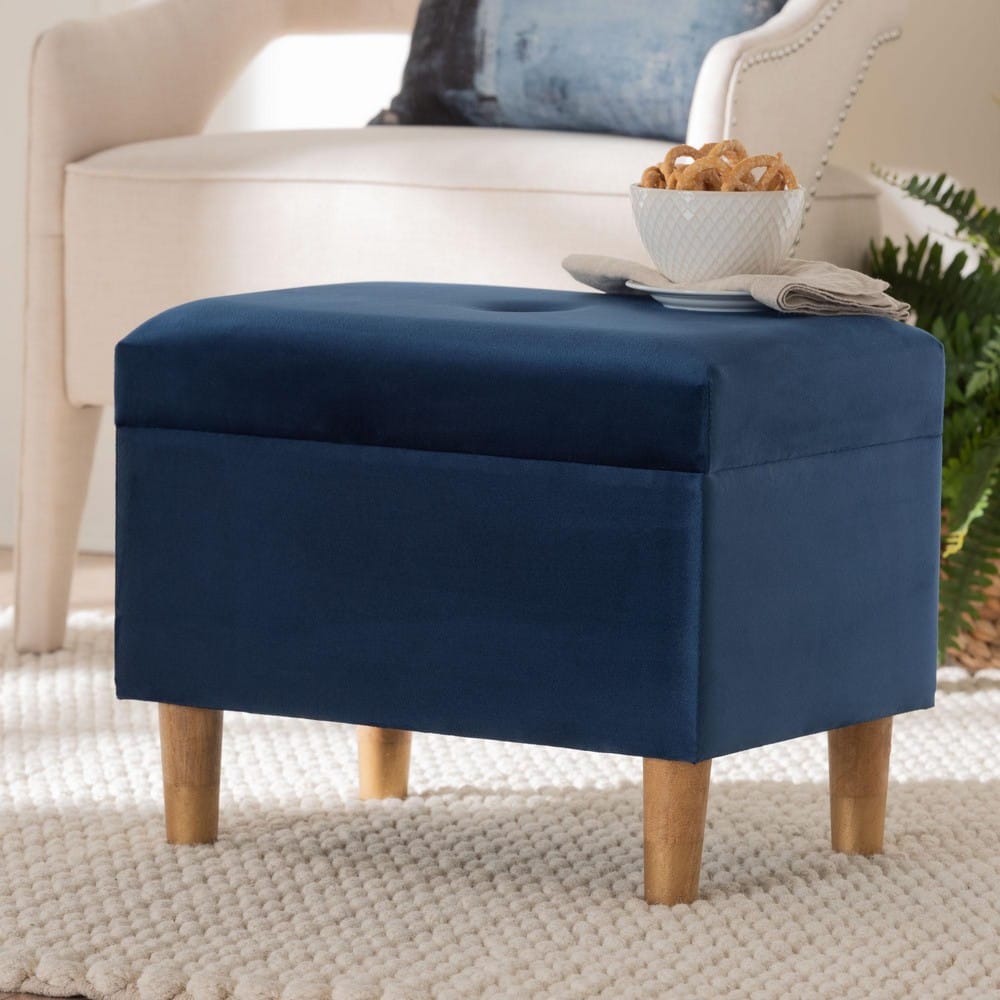 Baxton Studio - Elias Ottoman in Navy Blue/Oak Brown - JY20A250-Navy Velvet-Otto view 8