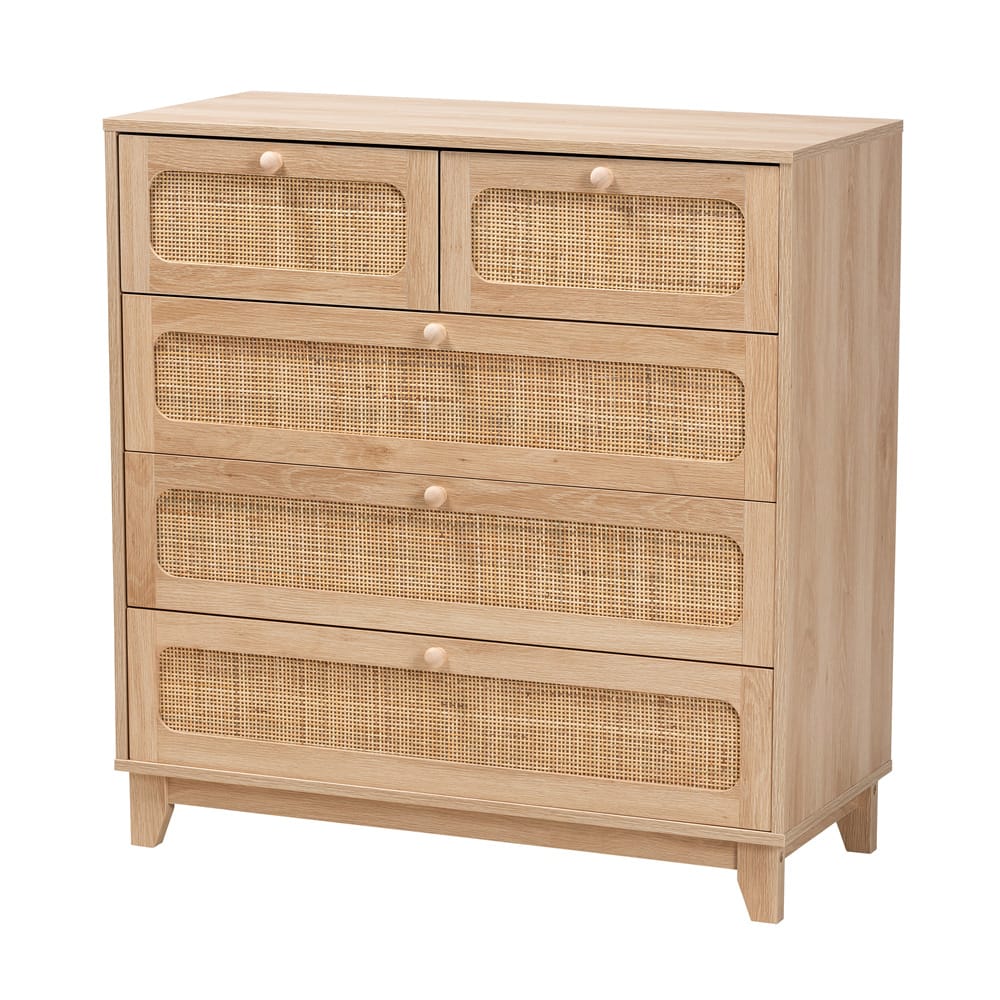 Baxton Studio - Elsbeth Storage Cabinet in Oak Brown/Natural Brown - LC22040704-Rattan-5DW Cabinet view 1