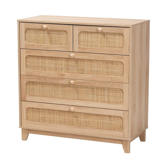 Baxton Studio - Elsbeth Storage Cabinet in Oak Brown/Natural Brown - LC22040704-Rattan-5DW Cabinet view 1