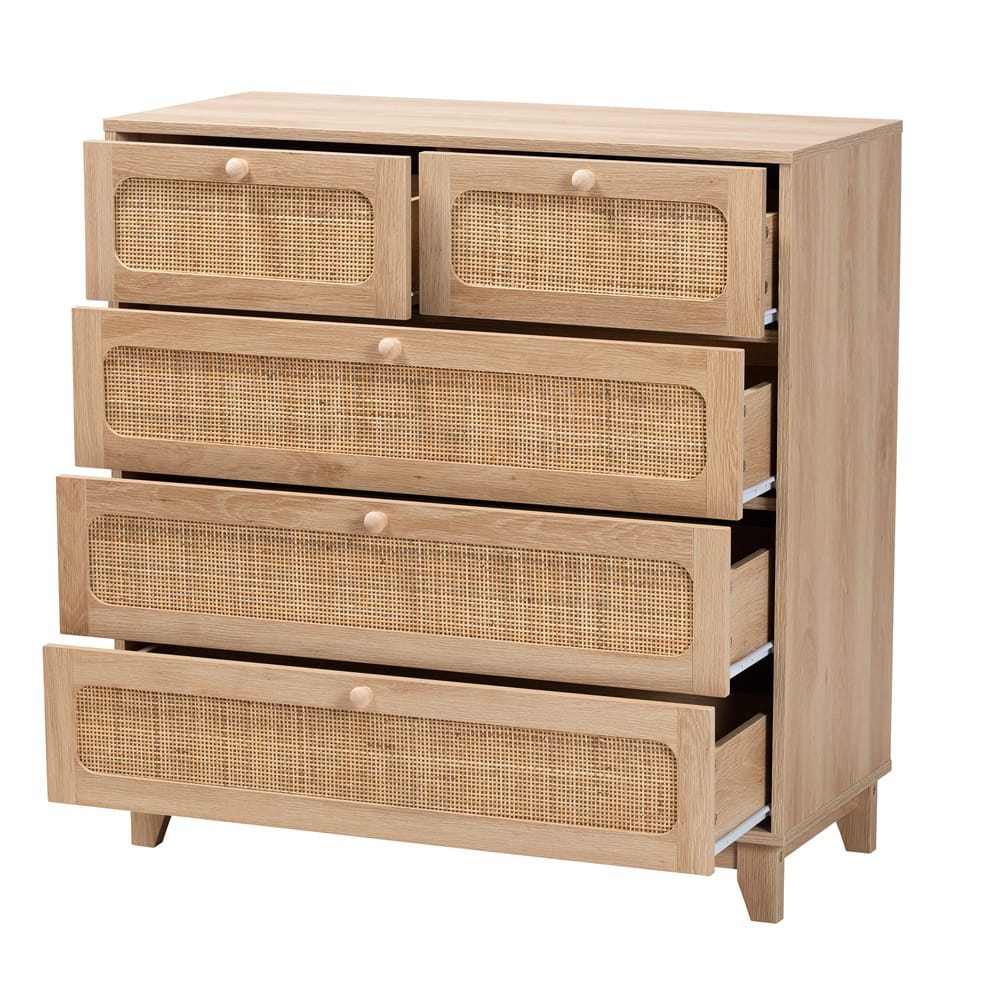 Baxton Studio - Elsbeth Storage Cabinet in Oak Brown/Natural Brown - LC22040704-Rattan-5DW Cabinet view 2