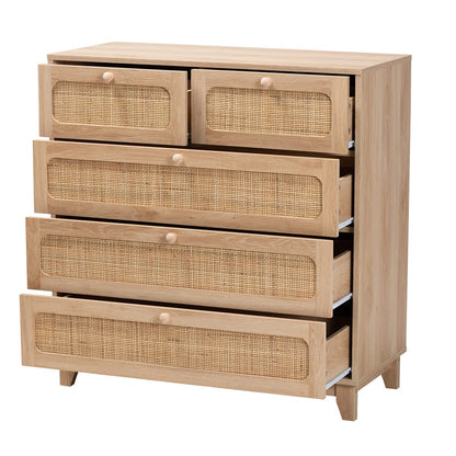 Baxton Studio - Elsbeth Storage Cabinet in Oak Brown/Natural Brown - LC22040704-Rattan-5DW Cabinet view 2