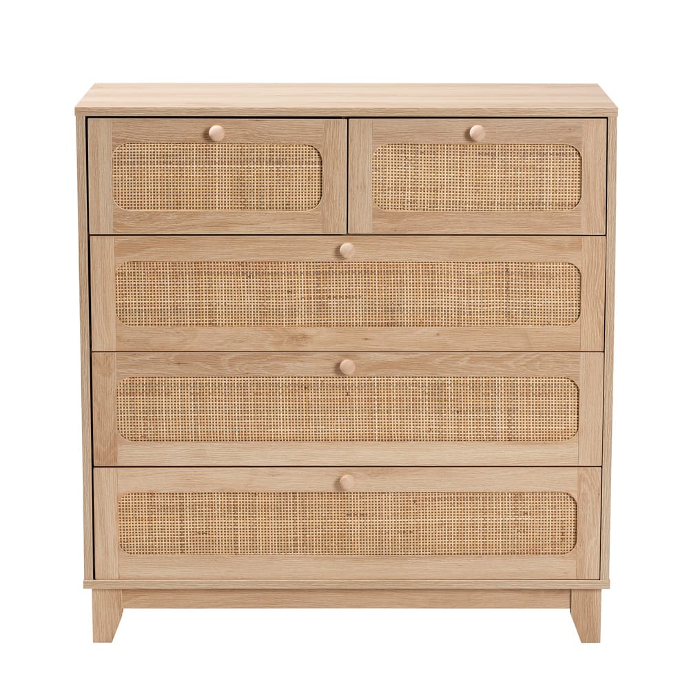 Baxton Studio - Elsbeth Storage Cabinet in Oak Brown/Natural Brown - LC22040704-Rattan-5DW Cabinet view 3