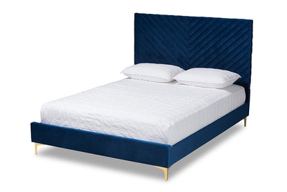 Baxton Studio - Fabrico Queen Size Bed - BBT61079-Navy Blue Velvet/Gold-Queen view 1