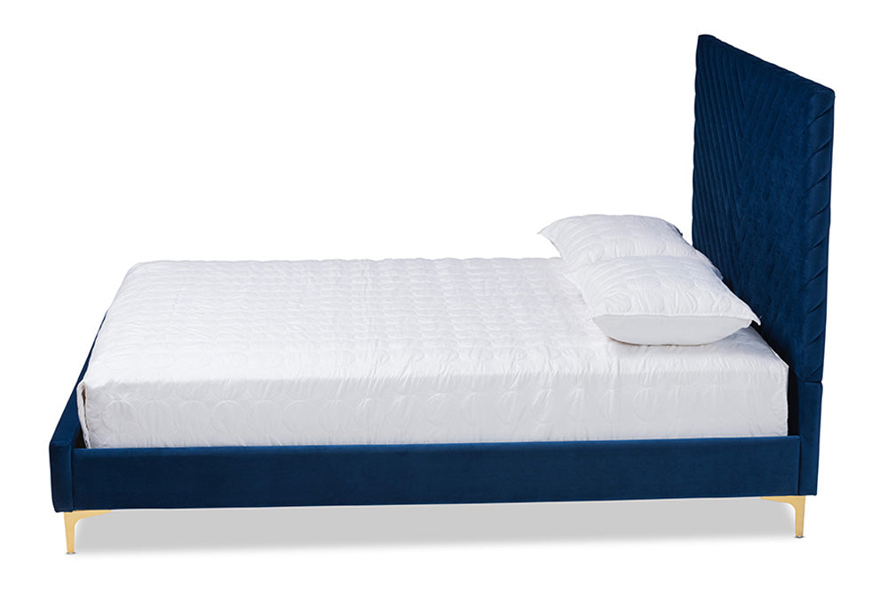 Baxton Studio - Fabrico Queen Size Bed - BBT61079-Navy Blue Velvet/Gold-Queen view 2