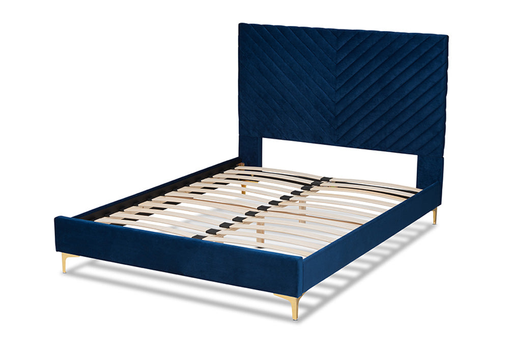 Baxton Studio - Fabrico Queen Size Bed - BBT61079-Navy Blue Velvet/Gold-Queen view 3