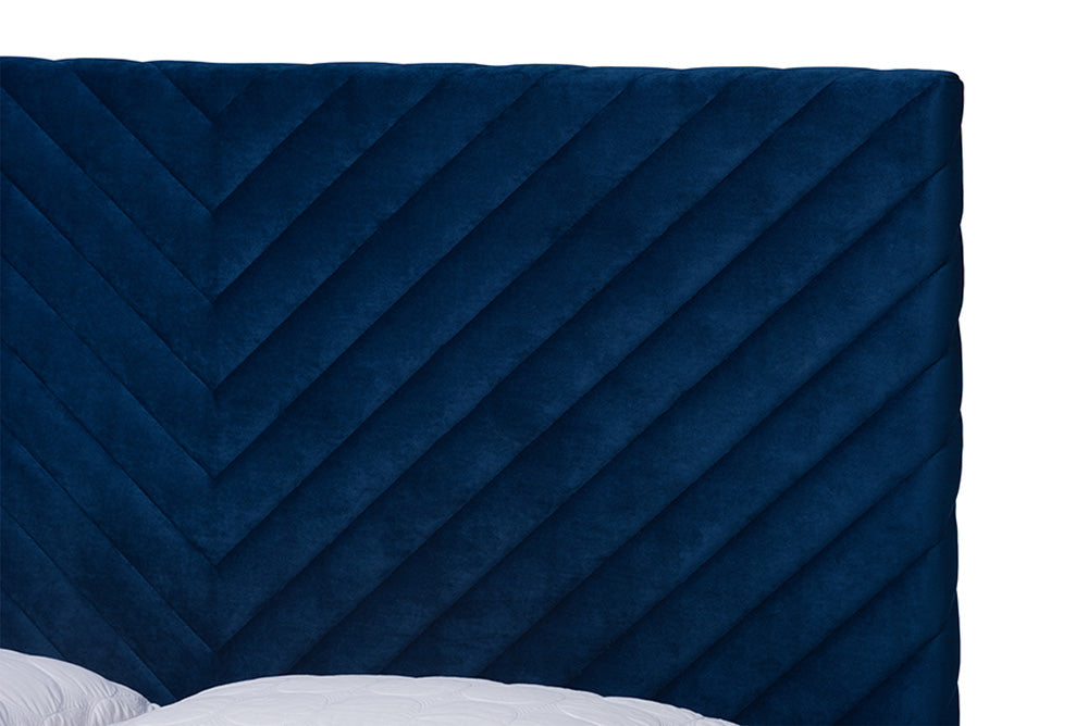 Baxton Studio - Fabrico Queen Size Bed - BBT61079-Navy Blue Velvet/Gold-Queen view 4