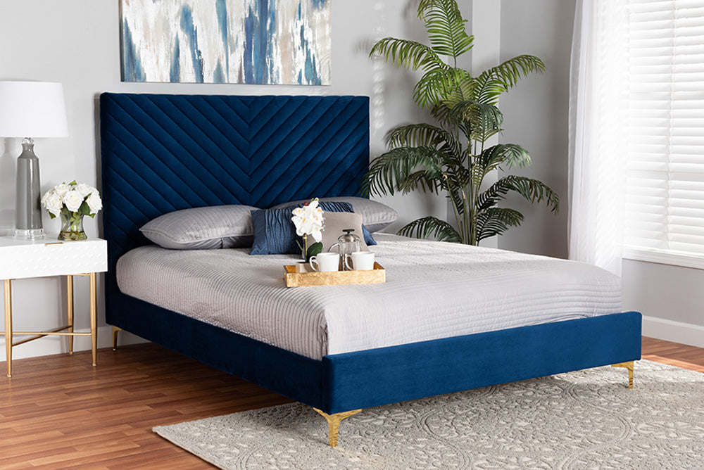 Baxton Studio - Fabrico Queen Size Bed - BBT61079-Navy Blue Velvet/Gold-Queen view 5