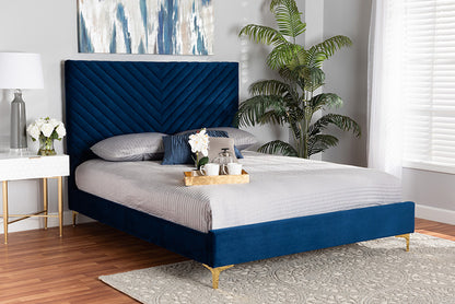 Baxton Studio - Fabrico Queen Size Bed - BBT61079-Navy Blue Velvet/Gold-Queen view 5