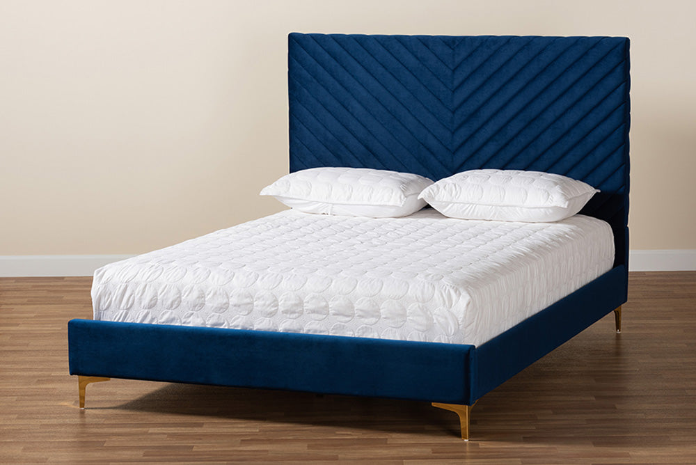 Baxton Studio - Fabrico Queen Size Bed - BBT61079-Navy Blue Velvet/Gold-Queen view 8