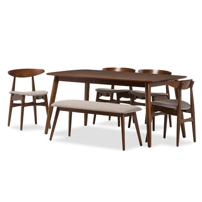 Baxton Studio - Flora Dining Set in Table: "Oak" Medium Brown; Seatings: Light Grey/"Oak" Medium Brown - Flora-Medium Oak 6PC Dining Set view 1
