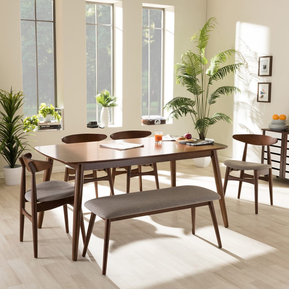 Baxton Studio - Flora Dining Set in Table: "Oak" Medium Brown; Seatings: Light Grey/"Oak" Medium Brown - Flora-Medium Oak 6PC Dining Set view 9