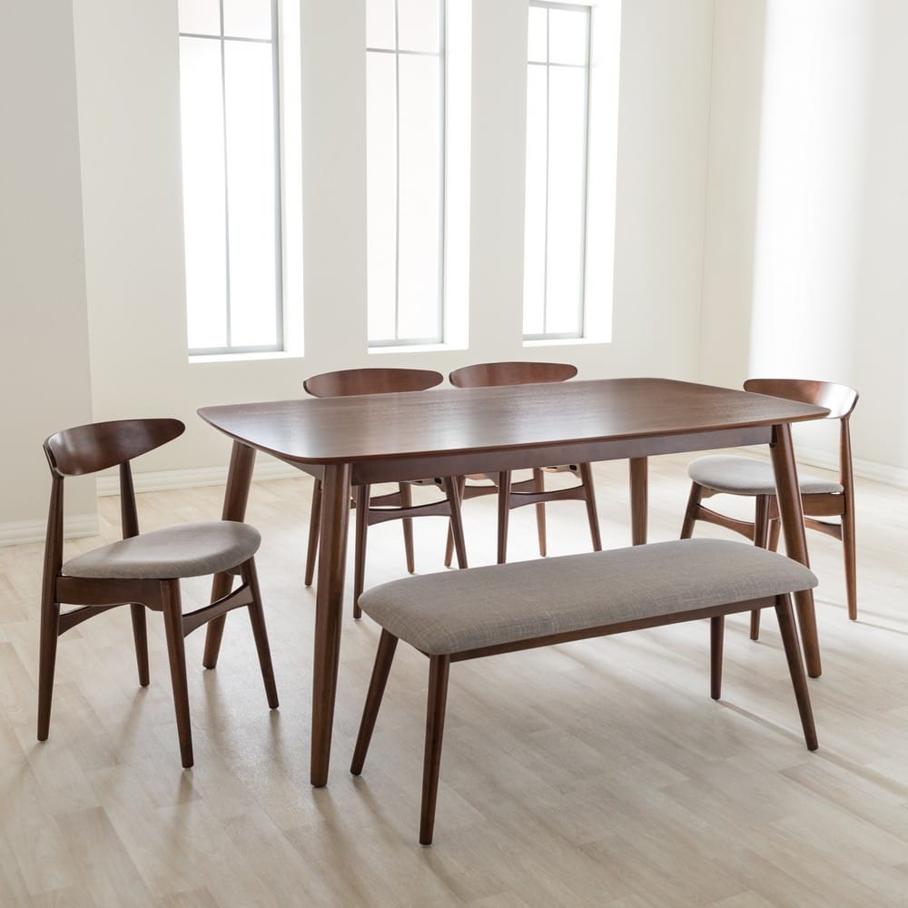 Baxton Studio - Flora Dining Set in Table: "Oak" Medium Brown; Seatings: Light Grey/"Oak" Medium Brown - Flora-Medium Oak 6PC Dining Set view 10