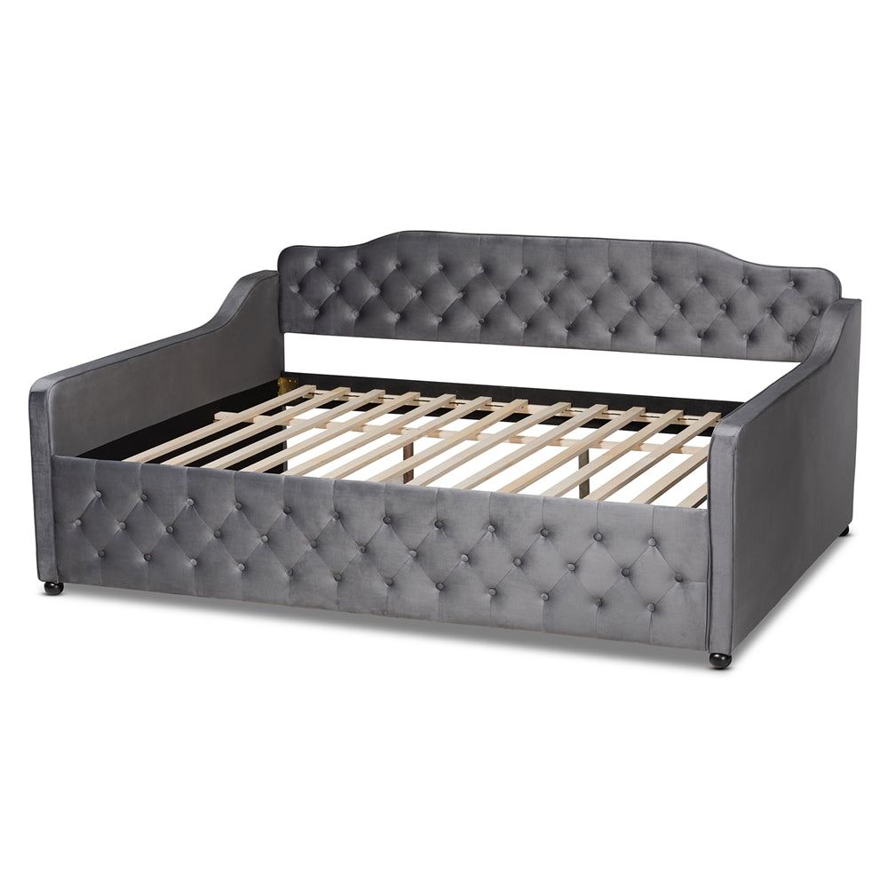 Baxton Studio - Freda Full Size Daybed in Grey - Freda-Grey Velvet-Daybed-Full view 3