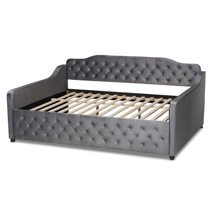 Baxton Studio - Freda Full Size Daybed in Grey - Freda-Grey Velvet-Daybed-Full view 3